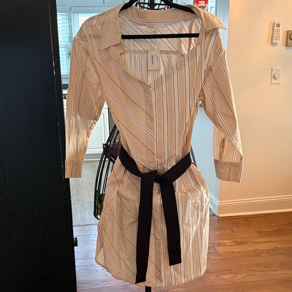Maje Riavila Striped Beige Shirt Dress with Black Belt